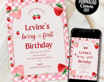 Berry Pierwsze Urodziny Zaproszenie, Red Strawberry Pierwsze Urodziny Zaproszenie, Daisy Truskawki, Berry Pierwsze Urodziny, 1 Urodziny Dziewczynki