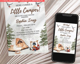 Camping Baby Shower Invitation, Little Camper Baby Shower, Printable Camp, Woodland Little Camper Baby Shower Template, Editabel Canva
