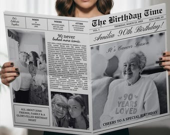 Große Geburtstag Zeitungsvorlage, Meilenstein 90. Geburtstag Ankündigung, Vintage Newsletter Party Dekor