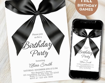 Editable Black Bow Birthday Invitation Template, Minimalist Black Bow Birthday Invite, Black Ribbon Coquette 30th 40th 50th Birthday Party