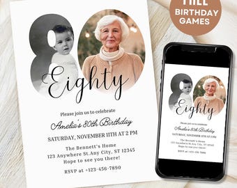 Może przedstawiać: Biała karta z zaproszeniem z czarno-białym zdjęciem kobiety i dziecka. Tekst na karcie brzmi "Eighty" i "Please join us to celebrate Amelia's 80th Birthday". Zaproszenie zawiera datę, godzinę, miejsce i informacje RSVP.