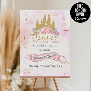 Placa de boas-vindas para o primeiro aniversário da princesa Once Upon a Time, pôster de aniversário floral da princesa, aniversário do castelo mágico da princesa real editável Canva