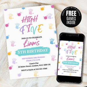 Hi-Five 5th Birthday Invitation, Modern Party Invite, High Five Birthday, Colorful Birthday Invite, Canva Template, Digital Download