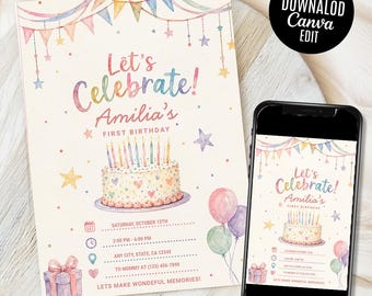 Let's Party Invitation, simple colorful birthday invitation, Bright Confetti Party Invite, Editable template(Digital Download)
