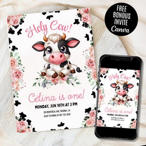 Heilige koe, ik ben één heilige koe uitnodiging Heilige koe verjaardag 1e verjaardag uitnodigen meisje Barnyard partij digitale download koe uitnodiging Canva