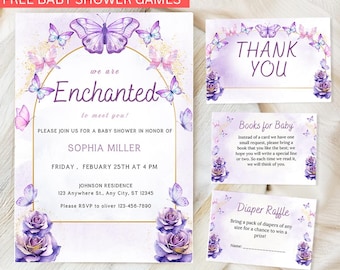 Paquete de invitaciones para baby shower Estamos encantados de conocerte, invitación para baby shower con diseño de mariposa Estamos encantados de conocerte, tema de mariposa morada