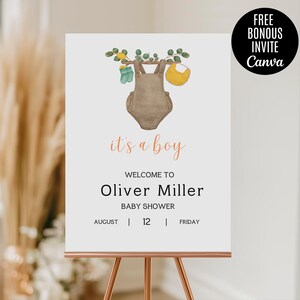 Baby Boy Clothes Welcome sign Baby boy is on his way Laundry welcome poster Clothesline Blue Greenery Editable Printable Download