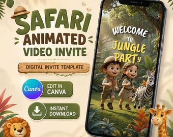 Safari animtaed video invitation template, Jungle birthday party video invite, Canva template, Digital download, wild one baby editable