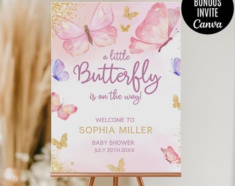 Editable Butterfly Baby Shower welcome sign, Baby Shower Bundle, Butterfly Baby Shower sign for Girl Set, Purple Gold Butterfly Baby Shower