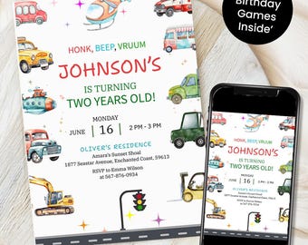 Transportation Birthday Invitation, Truck and Cars Birthday, Truck Birthday Invitation, Train, Cars Birthday Invite, Digital Download