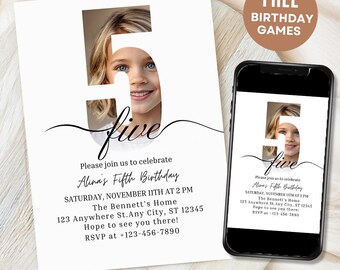 Editable 5th Birthday Invitation Fifth Birthday Invite Template 5 th Birthday Party Minimalist Boho Digital Download Printable Five Year Old