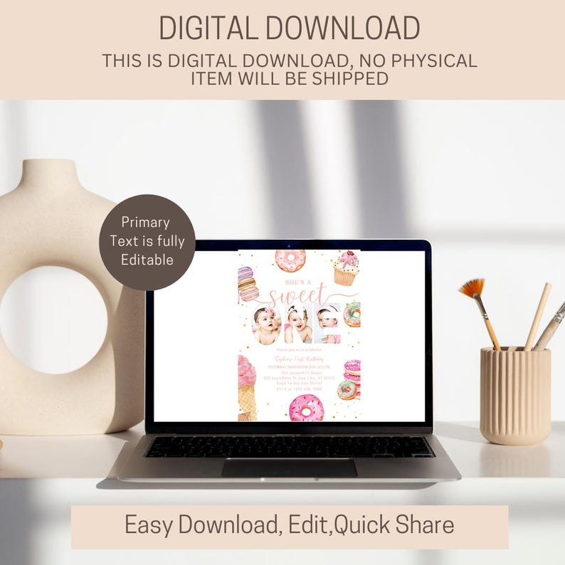 May include: A digital download for a first birthday party invitation. The invitation features a donut theme with pink and gold accents. The text on the invitation reads "Sweet One".