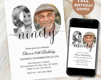 90th Birthday Invite, Look Who's 90, 90th Birthday Invitation with Photo, Simple 90th Invitation, Ninety Birthday, Invite for Man Woman