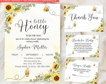 Editable Honey Bee Baby Shower Invitation Bundle, A Little Honey Is On The Way Shower Invite Neutral Wild Flower Modern Printable Template