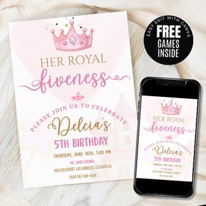 Invitation d'anniversaire princesse royale de 5e anniversaire princesse 5e anniversaire modifiable d'invitation princesse filles modèle château de la couronne