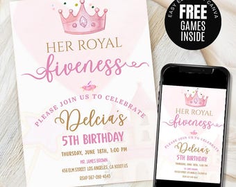 May include: Pink and gold printable invitation for a 5th birthday party. The invitation features a crown, a castle, and the text "Her Royal Fiveness Delcia's 5th Birthday".