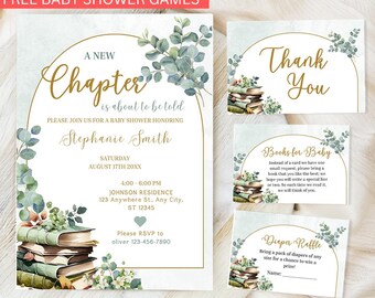 Storybook Baby Shower Bundle, New Chapter Baby Shower Invitation Set, Book Themed Baby Shower, Gender Neutral Unisex Baby Shower