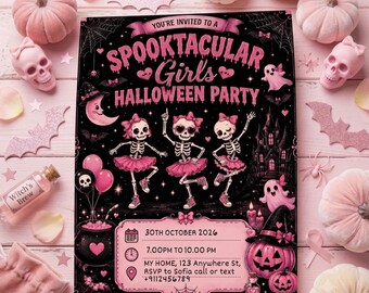 Pinke Halloween-Party-Einladung, Skelett-Tanzparty-Einladung, Gruselige Mädchen-Nachtparty, Niedliche Geister-Halloween-Einladung (digital bearbeitbar)