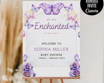 Letrero de bienvenida para baby shower "Estamos encantados de conocerte", letrero de mariposa para baby shower "Estamos encantados de conocerte", tema de mariposa morada