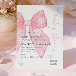 Pink Bow Baby It&#39;s Cold Outside Baby Shower Invitation Template Christmas Holiday Snowflake Snowfall Winter Wonderland Elegant Shower Invite