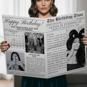 May include: A newspaper-style birthday announcement with the headline "Happy Birthday!" and "Olivia is Turning 25!" in black and white. The announcement includes photos, a calendar, and celebratory text. The theme is a cherry-themed birthday bash.