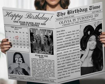 May include: A newspaper-style birthday announcement with the headline "Happy Birthday!" and "Olivia is Turning 25!" in black and white. The announcement includes photos, a calendar, and celebratory text. The theme is a cherry-themed birthday bash.