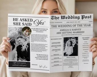 Plantilla de programa de boda en periódico, plantilla de Canva para boletín informativo plegado editable, descarga digital