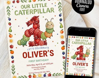 The Very Hungry Caterpillar Digital Invitation, First Birthday Invitation, Editable Canva Template, Instant Download