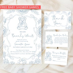 Editable Teddy Bear Baby Shower Invitation Bundle, Classic Baby Boy Shower, Blue Chinoiserie, We Can Bearly Wait, digital download