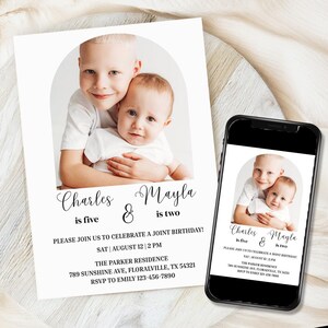 Minimalist Sibling Joint Birthday Photo Invitation, Editable, Boho, Gender Neutral, Photo Invite, Print At Home, instant download