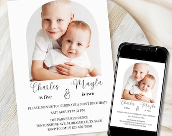 Minimalist Sibling Joint Birthday Photo Invitation, Editable, Boho, Gender Neutral, Photo Invite, Print At Home, instant download