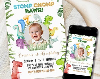 May include: A dinosaur-themed birthday invitation. The design includes a photo of a baby and cartoon dinosaurs in various colours. The text reads "STOMP CHOMP RAWR!" and party information.