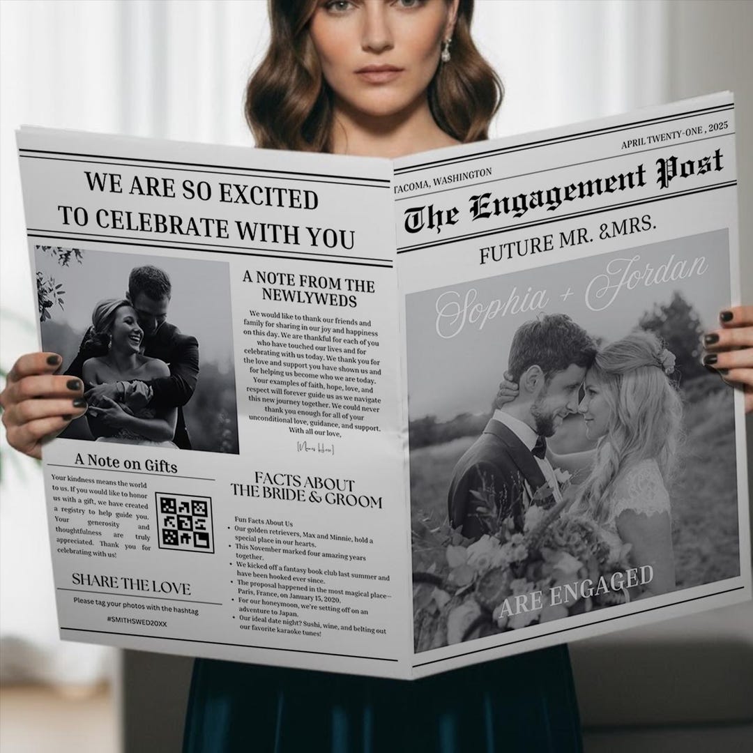 Newspaper Wedding Announcement Template, Editable Intimate Engagemant