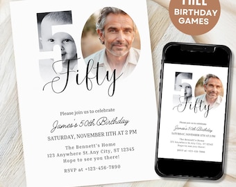 50th Invitation With Photo, Look Who's 50, 50th Birthday Invitation Template For Men, Simple Birthday Invite Male Editable,Printable
