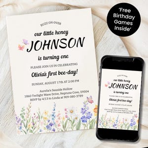 Editable Floral 1st Birthday Invite Wildflower Birthday Party Invite Template Garden Party Birthday Girl Birthday Flower Card Wildflower