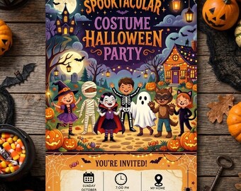 Einladung zur Halloween-Kostümparty für Kinder, Einladung zum Kindergeburtstag, Gruselparty, Niedliche Geister-Halloween-Einladung (digital bearbeitbar)