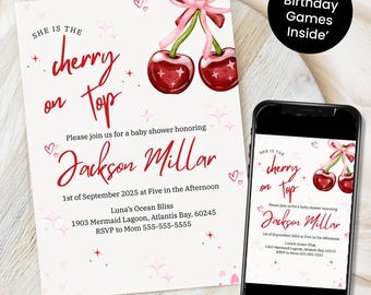 Cherry Baby Shower Invitation Pink Coquette Girl Baby Shower Cherry Theme Baby Shower Cherry Baby Shower Invite Cherry on top Baby Shower