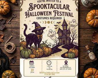 Spooktacular Halloween Party Invite, Editable Canva Template, Spooky Costume party invitation, Kids Ghost party Digital editable Invite