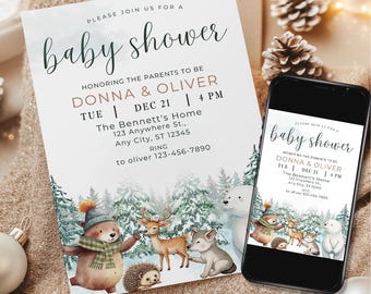 Woodland Baby Shower Invitation, Deer Bear Forest Animals Baby Shower Invite Template, Gender Neutral Baby Shower, Baby Boy Woodlands