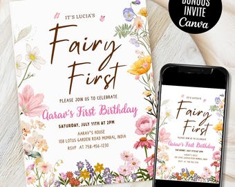 Fairy First Birthday Invitation Girl, Boho Arch Fairy 1st Birthday Invite, Garden, Enchanted Garden Fairy Invitation, Birthday Girl