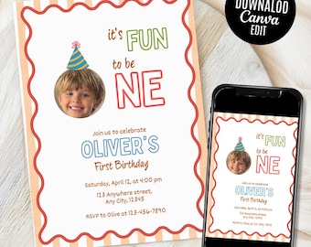It's Fun To Be One Birthday Invite Editable Photo Boy's First Birthday Invitation Canva Template