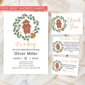Bearbeitbar Boho Es ist ein Jungen-Baby-Kleidung-Babyparty-Einladungs-Bundle, grüne Boho-Babyparty-Einladungspackung, Wäscheleine-Dusche-Einladung
