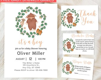 Editable Boho It's a Boy Baby Clothes Baby Shower Invitation Bundle, Green Boho Baby Shower Invite Pack, Clothes line Shower Invite