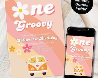 Groovy One Birthday Invitation, Girl First Birthday Invite, Retro Birthday Invite, Girl 1st Birthday, Instant Download EVite
