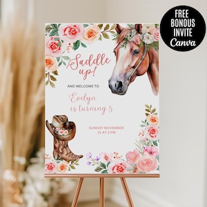 Saddle Up Cowgirl Birthday welcome sign, Horse Welcome Sign, 5th birthday sign Country Western Party Decor Printable Template Editable Canva