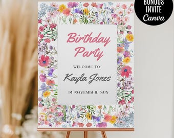 May include: A white sign with a floral border and the text "Birthday Party" in pink. The sign also includes the text "Welcome to Kayla Jones" and "14 November Sun".