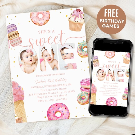 EDITABLE Sweet One Birthday Invite for Girl First Birthday Invitation for Girl She's a Sweet One 1st Birthday Invitation Donut Theme Photo