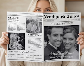 Newlywed times, Wedding Newspaper Program Canva Template, Folded Printable Newslette, Editable Infographic Ceremony Schedule