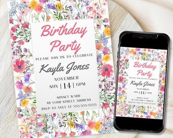 Flower Birthday Invitation Wildflower Birthday invite Floral Woman's Birthday Mother's day Invite CANVA EDITABLE Instant download