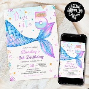 Dive Into Five Mermaid Invitation - Pink Girl 5th Birthday Invite - Editable Template - Pastel Under the Sea Theme - Instant Download
